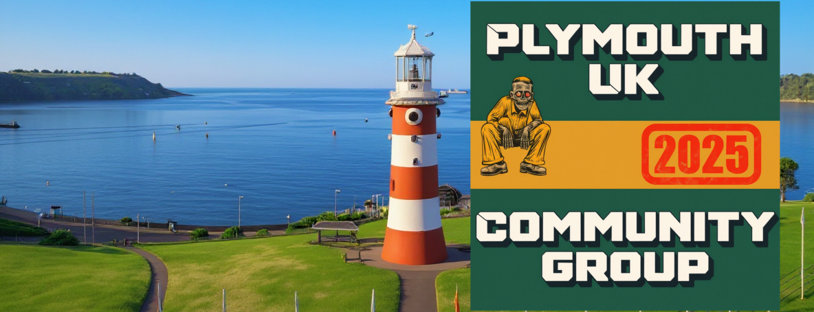 The Plymouth UK Community Group Lighthouse near water with text promoting Plymouth UK Community Group 2023.